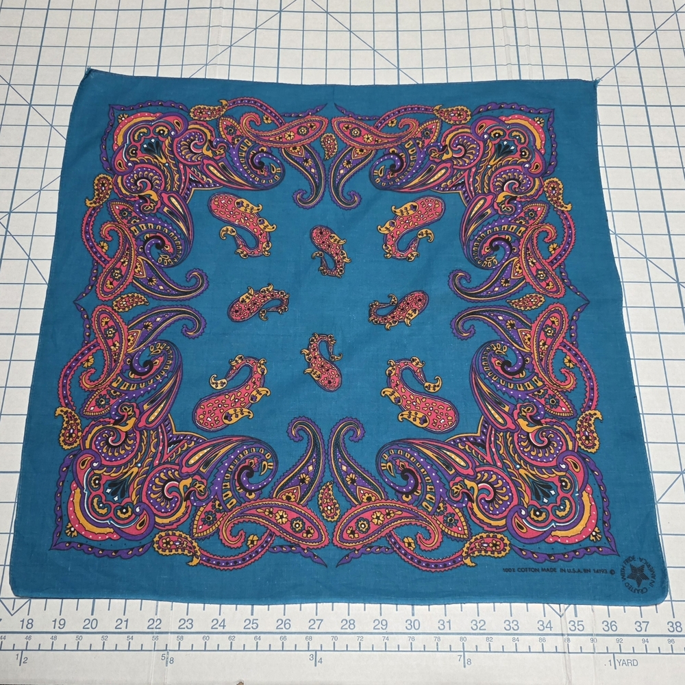 Wamcraft Bandana RN 14193 Teal Paisley Cottagecore Coquette‎ 20.5x20.5, Vintage